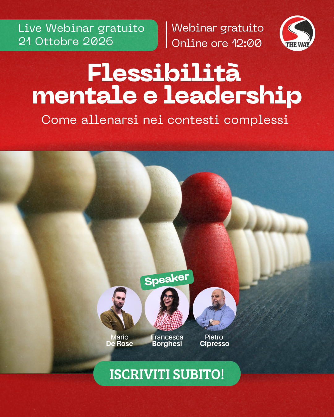 Locandina del webinar Flessibilità mentale e leadership del 21 ottobre 2026, con Mario De Rose, Francesca Borghesi e Pietro Cipresso